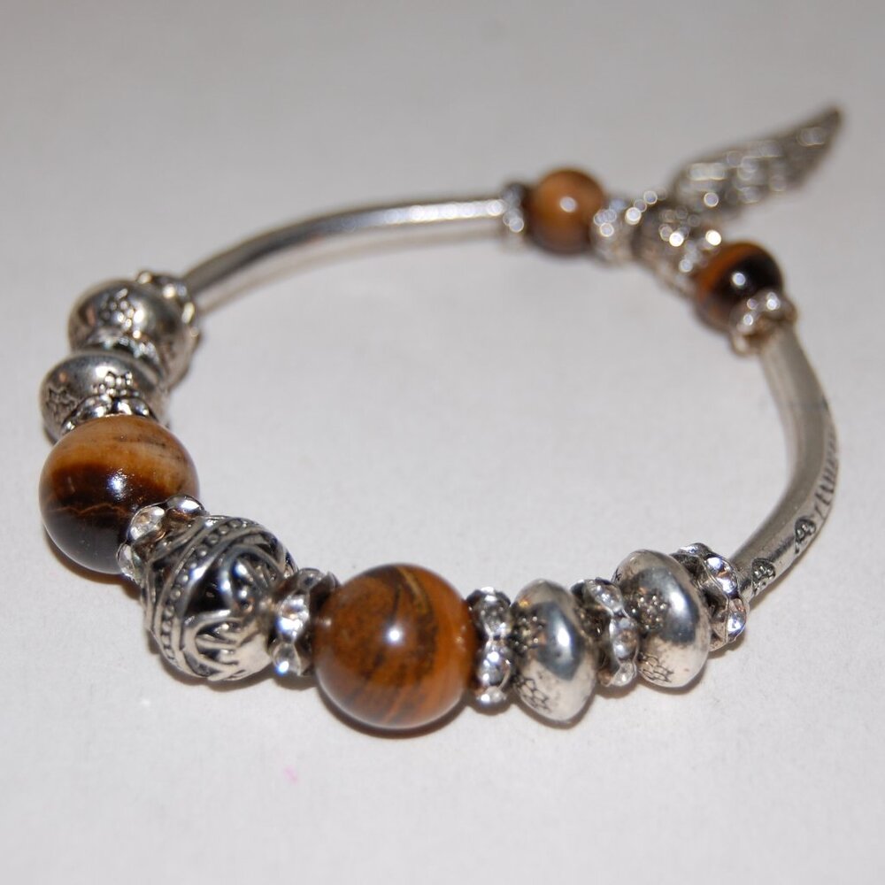 Angel Wings Bracelet,Tiger Eye Bracelet,Dangling Charm Bracelet,Silver and Stone